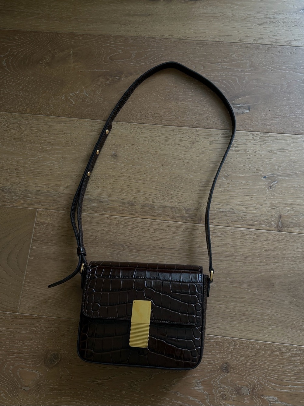Women’s Croc-Embossed Dark Brown Shoulder Bag with Gold Hardware